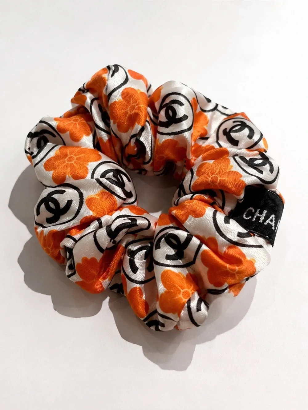 Upcycled Chanel fabric Logo Scrunchie